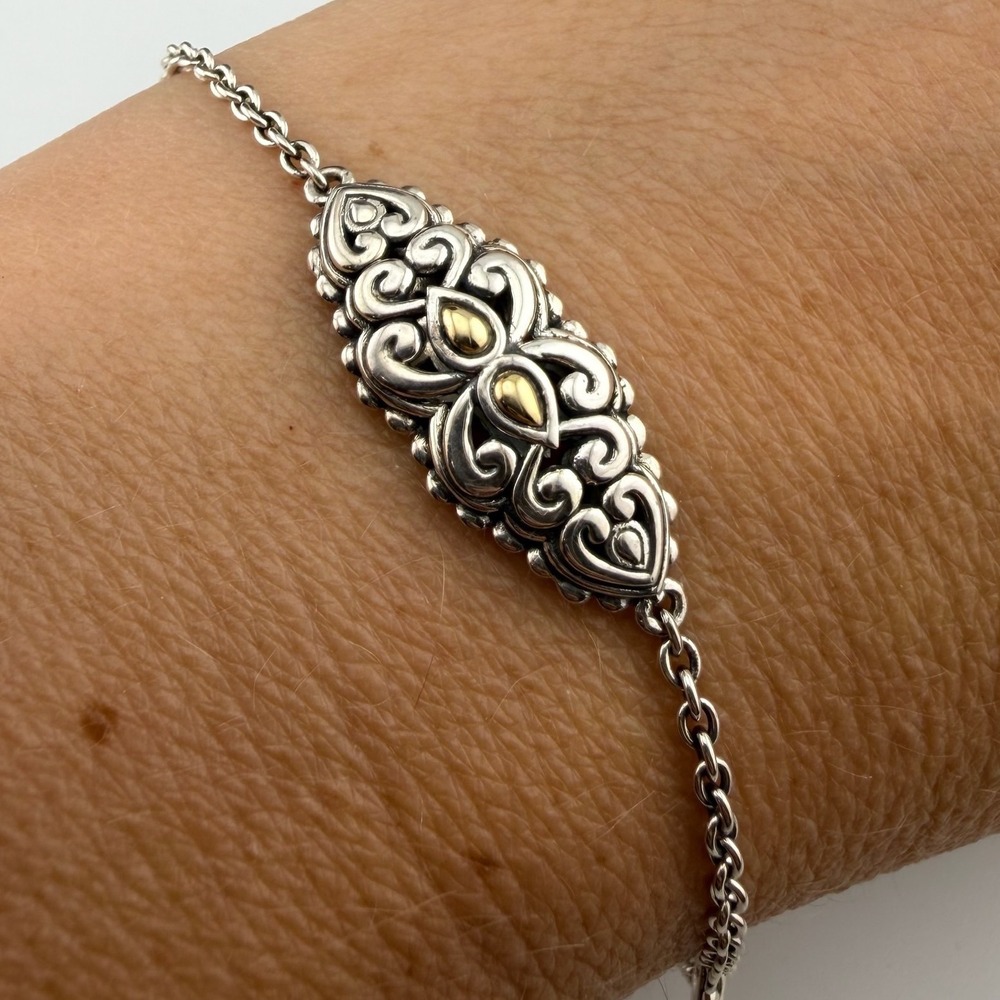 JAI John Hardy Womens 7.5 Silver Gold Scroll Heart Station Link Bracelet 925 14K